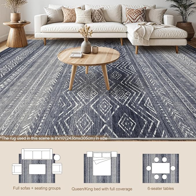 Tortania Area Rug Living Room Rugs- 8x10 Washable Large Soft Neutral Boho Moroccan Bohemian Farmhouse Rug Indoor Floor Carpet for Bedroom Under Dining Table Home Office Decor - Blue Gray