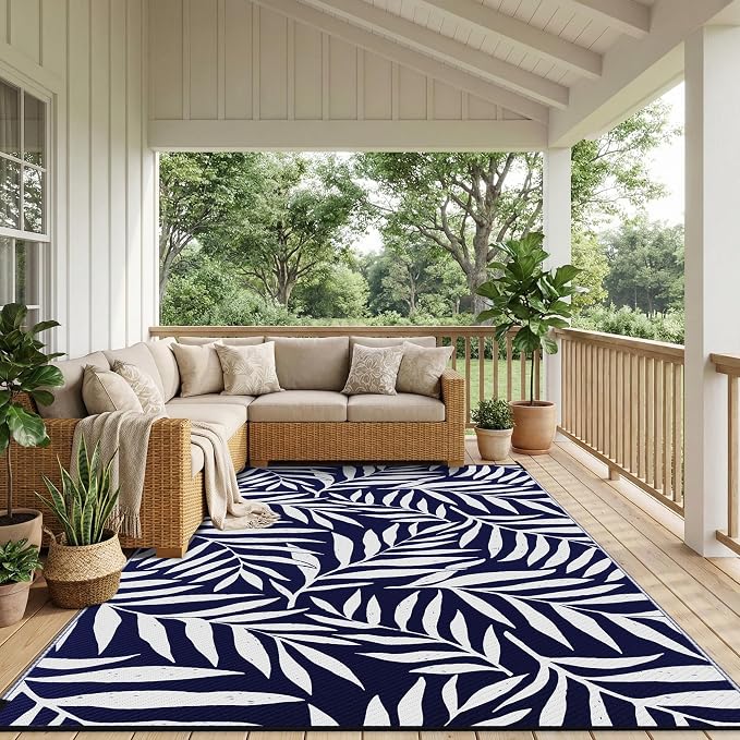 Smiry Outdoor Rug 9x12 ft, Waterproof Reversible Plastic Straw Rugs, Outdoor Area Rug with Leaf Pattern, Outside Floor Mat for Patio, Backyard, Deck, Picnic, Beach, Camping, Navy & White