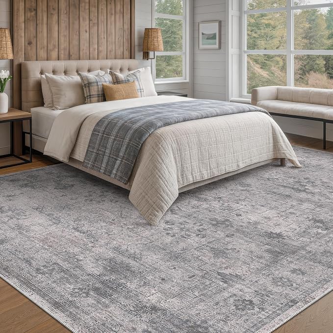 Modern Cement Grey 8x10 Large Area Rugs for Living Room, Minimalist Neutral Abstract Distressed Washable Ultra Soft Rug for Bedroom Under Bed, Stain Resistant Low Pile Anti-Slip