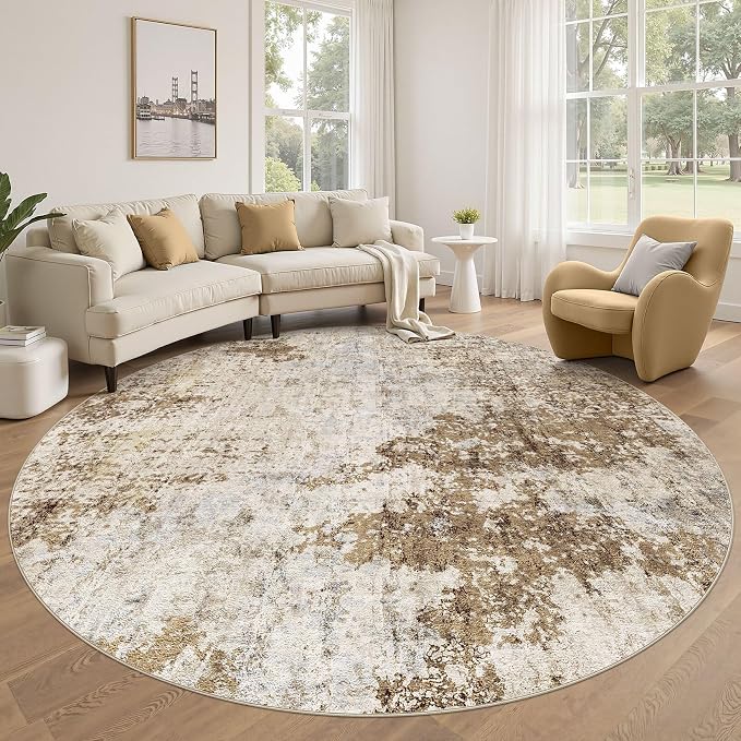 DMOYEST 8ft Round Area Rug for Living Room Washable Non Slip Circle Rug | 8x8 Neutral Modern Abstract Low Pile Rugs Kid & Pet Friendly Soft Carpet for Bedroom Dining Room - Light Brown