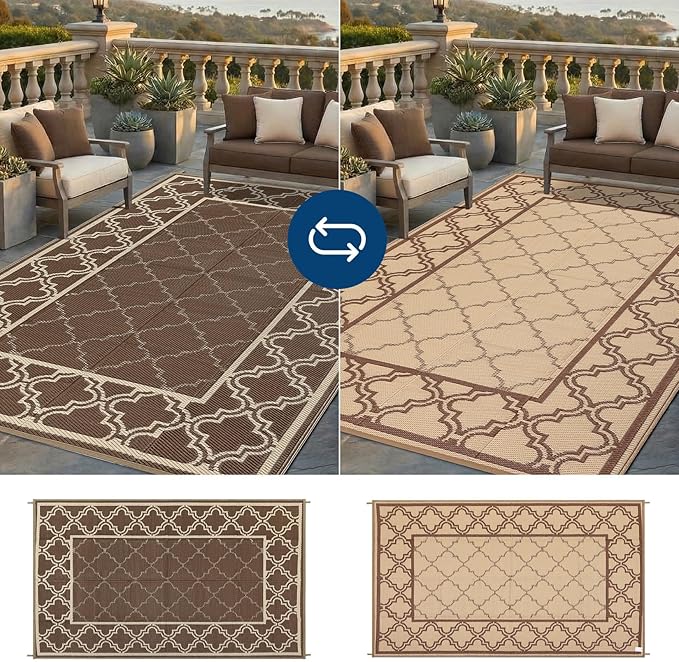 Garvee Reversible Outdoor Rug 9x12, Waterproof Outdoor Plastic Straw Rug with Interlacing Pattern, RV Mat for Picnics, Patio, Camping, Balcony, Deck, Backyard, Porch, Brown
