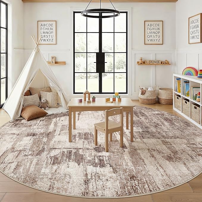 kakania Abstract 12x12 Round Rugs for Living Room: Circle Rugs 12FT Brown | Washable, Soft, Non-Slip, Low-Pile, Pet & Kid Friendly - Large Modern Home Decor Carpet for Bedroom/Dining Room/Nursery