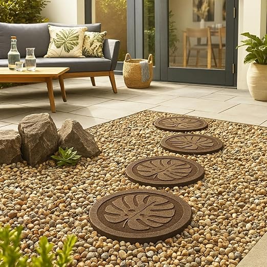TierraVerde 4-Pack 18”x18” Fake Tropical Leaf Rubber Stepping Stones, Round, Brown – Reversible Non-Slip Outdoor Faux Decorative Set for Landscaping – DIY Decor for Walkways & Yard Pathways