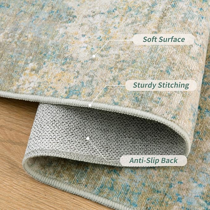 Tangsoo Abstract 2.6x10 Washable Runner Rug for Hallway,Runner Rug Non Slip | Modern Soft Low Pile Long Hallway Rug Runner, Contemporary Carpet Runners for Kitchen Bedroom Living Room Blue Beige Decor