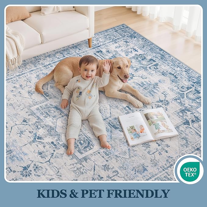 9x12 Washable Area Rugs for Living Room Blue Grey Non-Slip Rug | Vintage Medallion Rug，Soft Low Pile Large Rugs，Indoor Retro Carpet for Bedroom Nursery Dining Table Farmhouse Home Office