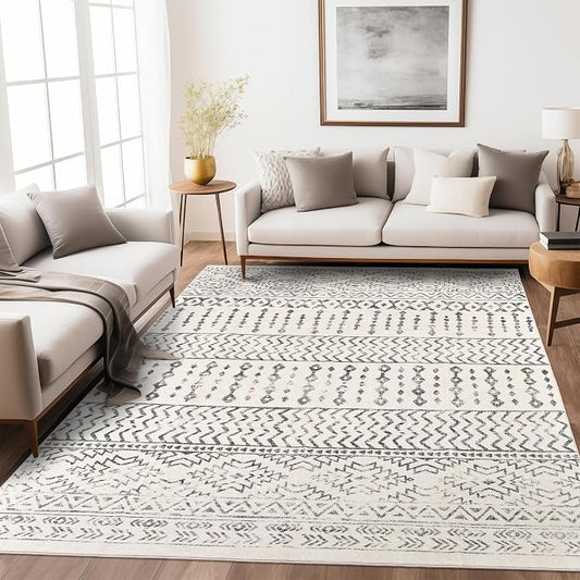 Art&Tuft 5x7 Area Rugs Non Slip, Thin Washable Rugs for Living Room, Ivory | Low Pile, Soft & Lighweight, Folable, Stain Resistant Indoor Moroccan Carpet for Bedroom, Kitchen, Dining Room, Home Office