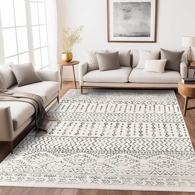 Art&Tuft 3x5 Area Rug Non Slip, Moroccan Thin Washable Entryway Rug, Ivory | Low Pile, Soft & Lighweight, Folable, Stain Resistant Small Indoor Carpet Rug for Living Room, Kitchen, Entrance, Doormat
