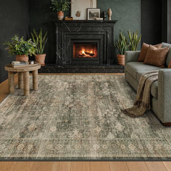 Vintage Olive Green Area Rugs for Living Room, Dining Room Under Table, 5x7 Washable Boho Dark Academia Distressed Geometric Large Rug, Stain Resistant Low Pile Anti-Slip Ultra Soft