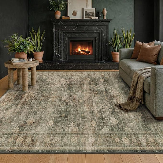 Vintage Olive Green Area Rugs for Living Room, Dining Room Under Table, 5x7 Washable Boho Dark Academia Distressed Geometric Large Rug, Stain Resistant Low Pile Anti-Slip Ultra Soft