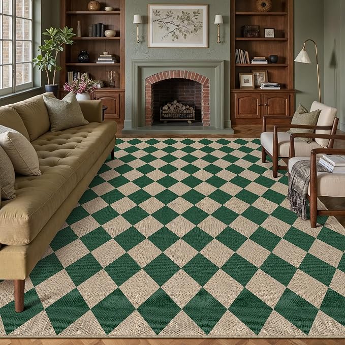 PureCozy 8x10 Checkered Easy Jute Area Rug for Living Room Large Checkerboard Washable Indoor Outdoor Carpet Farmhouse Patio Office Mat Geometric Non Slip Green Carpet for Backyard Dining Room