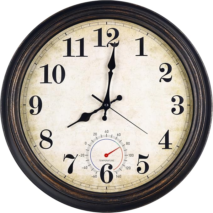 Outdoor Clock Waterproof with Thermometer Wall Clock for Patio Pool Bathroom Kitchen 16 Inch Bronze