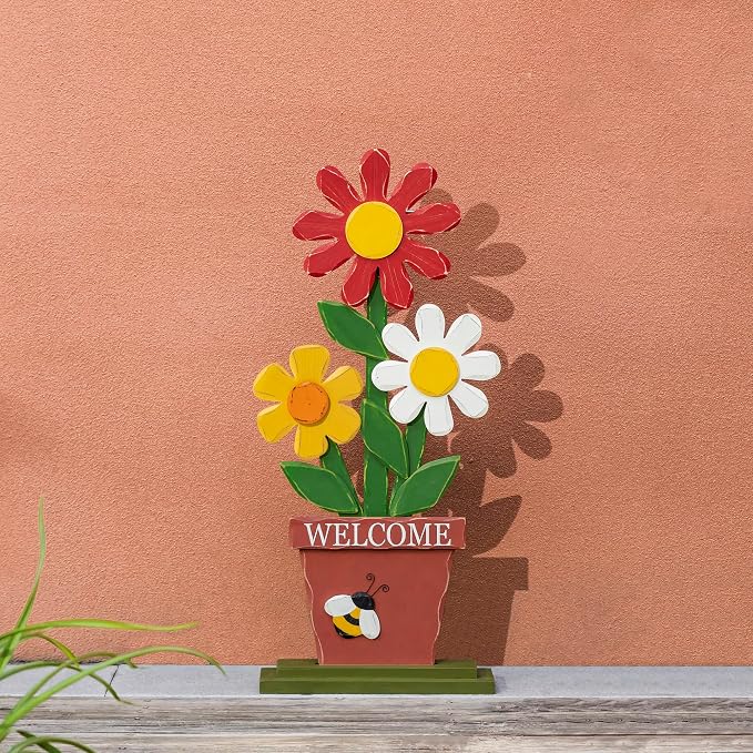 Glitzhome 30 Inch Welcome Sign for Front Door Porch Standing, Outdoor Decor with Wooden Trio Flowers, Yard Sign for Patio Front Door Outside