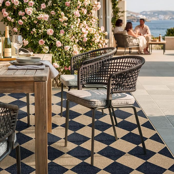 Lahome Colette Checkered Easy Jute Area Rug 8x10, Large Living Room Patio Rug Checkerboard Indoor Outdoor Carpet, Farmhouse Geometric Non Slip Black Carpet for Backyard Dining Room