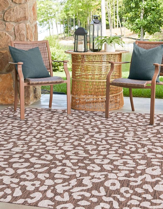 Unique Loom Outdoor Safari Collection Area Rug - Leopard (10' Square, Brown/ Light Brown)