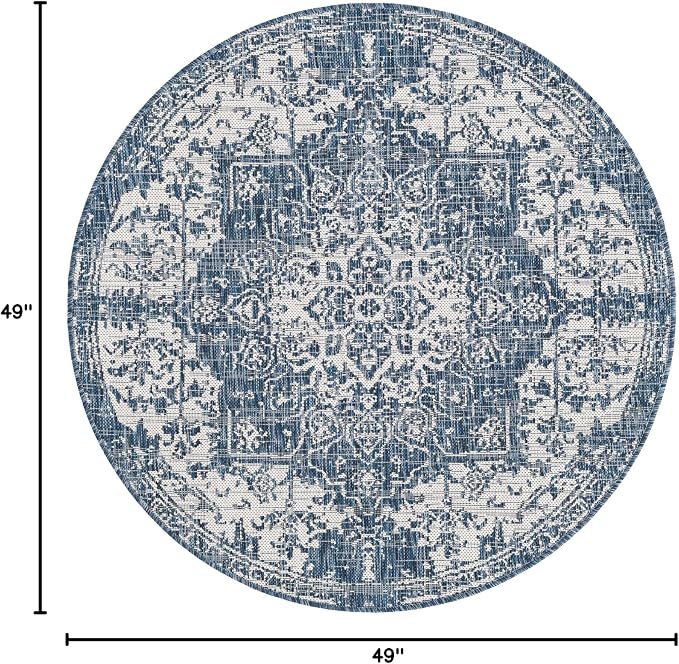 Unique Loom Outdoor Collection Area Rug - Dubai (4' 1' Round, Blue/ Ivory)