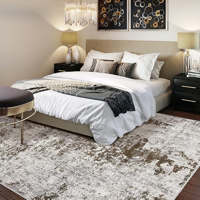 DMOYEST 5x7 Area Rug for Living Room Washable Abstract Indoor Carpet | Neutral Modern Low Pile Rugs Kid & Pet Friendly Soft Thin Carpet for Bedroom Dining Room and Office - Dark Brown