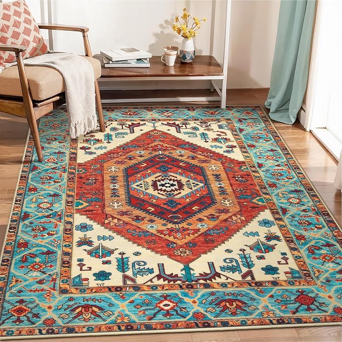 SERISSA 5x7 Washable Non Slip Boho Area Rug for Living Room，Orange | Ultra Soft Vintage Oriental Carpet Low-Pile Distressed Tribal Throw Carpet for Bedroom Dining Room Dorm Office Home Decor