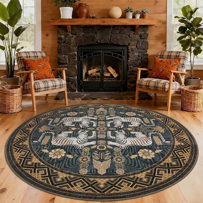 GarveeHome Tiger Round Area Rugs Boho Living Room Non Slip Washable Vintage | 8ft Blue Animal Print Circle Rugs, Tribal Floor Carpet for Dining Room Entryway Nursery Playroom Office