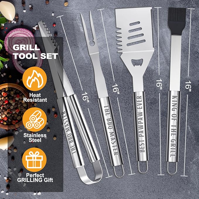 Paw Paw Gifts from Grandkids, Grilling Accessories, Heavy Duty Stainless Steel BBQ Grill Tools for Outdoor Grill with Aluminum Case, Pawpaw Grill Utensils Ideal Christmas Grilling Gift (Black)