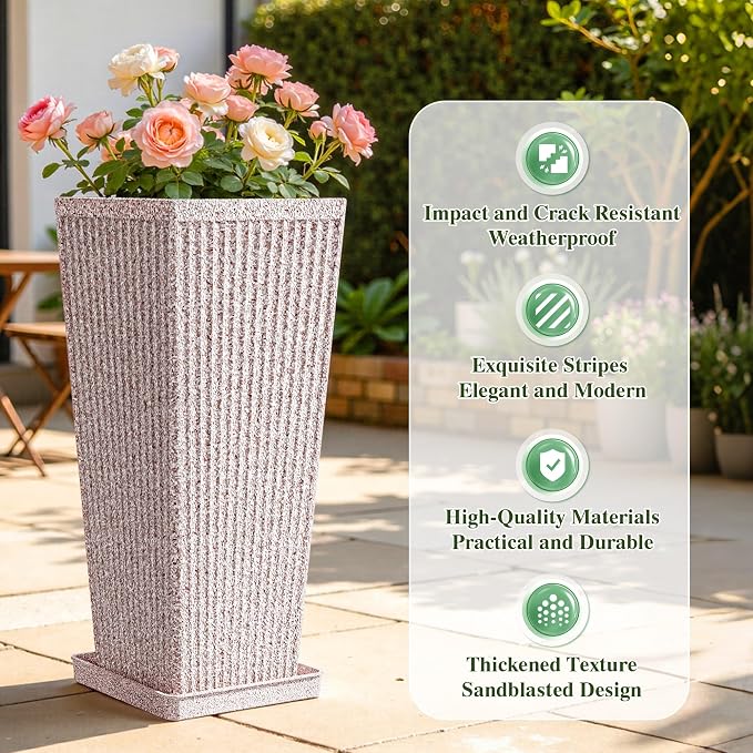 Square Tall Planters for Outdoor Plants Set of 2 - Faux Stone Fluted Large Outdoor Planters for Porch with Tray Saucers and Drainage Holes, Tall Indoor Flower Pots for Patio Garden, Red White