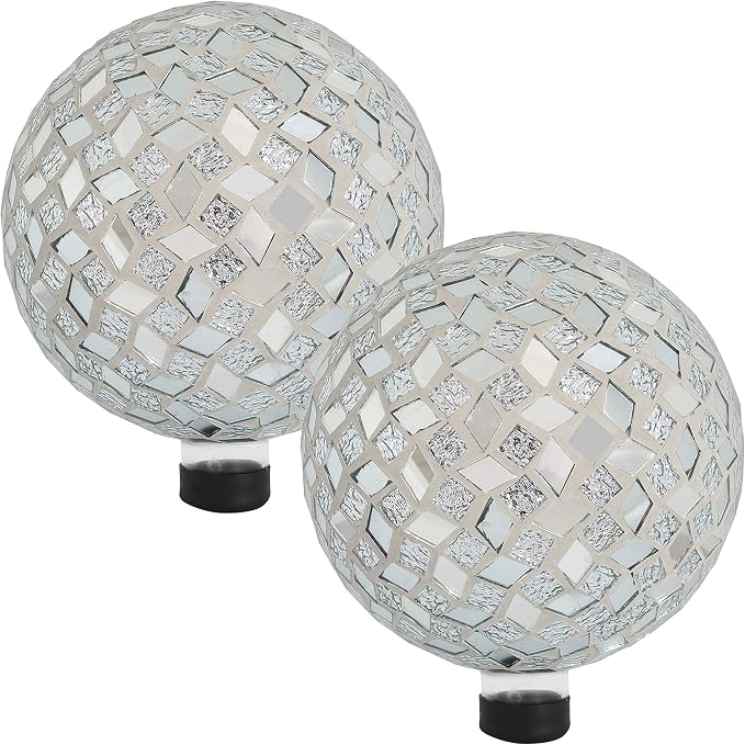 Sunnydaze 10" Mosaic Glass Gazing Ball for Garden, Globe for Outdoor Decor | Mirrored Diamond, 2 pk, Decorative Sphere Fits Most Stands, Garden Ball for Outside, Flower Bed, Backyard, or Indoor Display