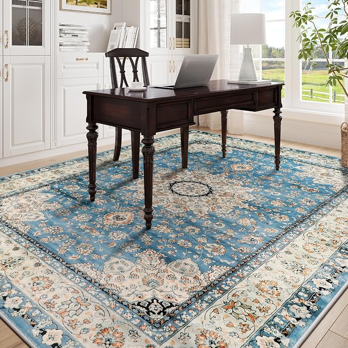 Lahome Felice Oriental Floral Medallion Area Rug - 9x12 Large Rugs for Living Room Soft Rugs for Bedroom, Printed Non Slip Non Shedding Dining Room Carpet for Nursery Playroom Home Decor, Blue
