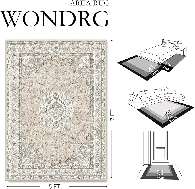 3x5 Washable Area Rug Beige Brown Non Slip Vintage Carpet | Low Pile, Stain Resistant, Living Room, Kitchen, Bedroom, Entryway, Nursery, Laundry Room, Hallway, Soft, Thin, Lightweight