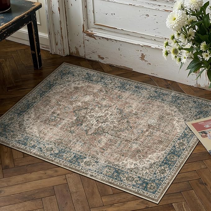 HUGEAR 2x3 Entryway Area Rug Retro Blue Brown Small Rug Machine Washable Door Mat Vintage Floral Low Pile Carpet Distressed Throw Rug Entrance Kitchen Bedroom Non Slip Soft Lightweight