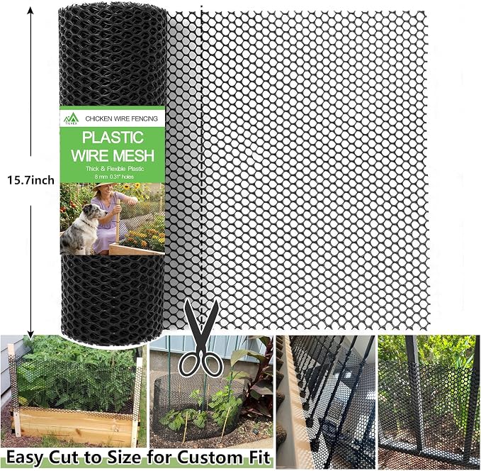 15.7" x 10' Plastic Mesh Fence Roll - Heavy Duty Chicken Wire Mesh Fence - Upgraded Thick Animal Barrier for Garden, Balcony Railing Safety Net, Poultry Netting with 20 Zip Ties, Black