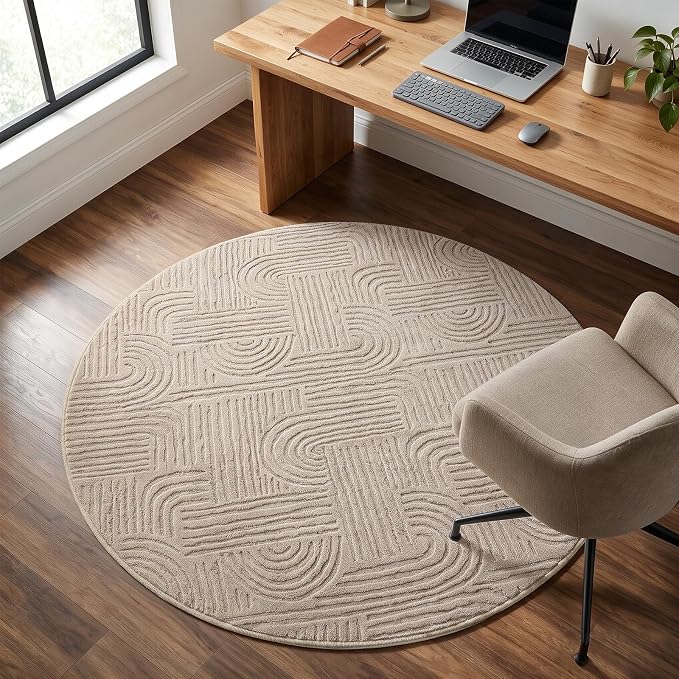 Etwel 5.2 ft Taupe Geometric Textured High-Low Pile Washable Round Rug | Modern Soft Carpet, Non-Slip PVC Backing, Low Profile, Kid and Pet Friendly, for Living Room, Bedroom, Dining Room, Nursery