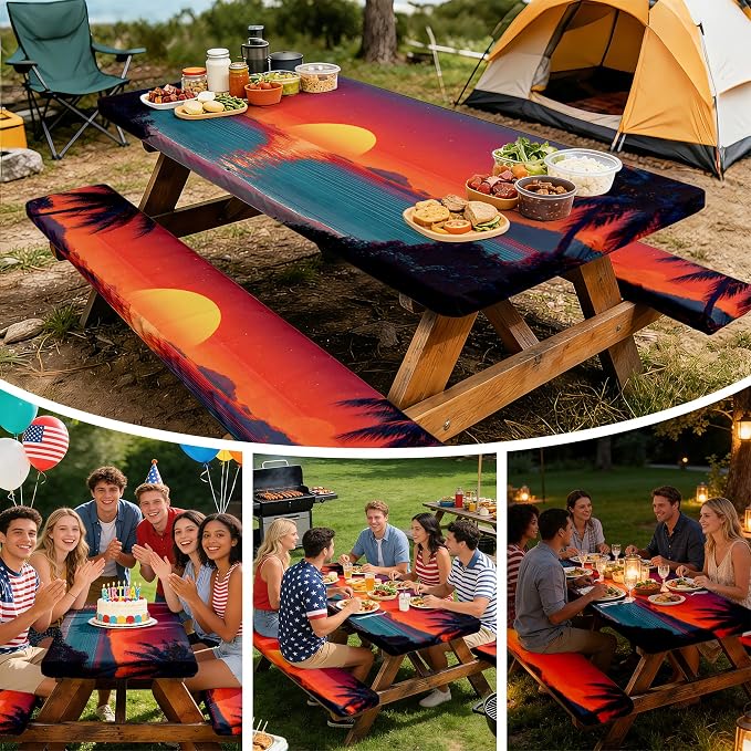 NYZE 3 Pieces Beach Sunset Picnic Table Cover with Bench Covers Set, Elastic Edge Camping Tablecloth, Tablecloth Cover with Drawstring Bag, Camping Essentials for Outdoor Picnics, Patio, BBQ