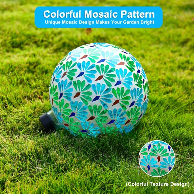 SAVENNA Mosaic Garden Gazing Ball 10 Inch, Glass Decorative Sphere for Indoor & Outdoor Garden, Patio, Home & Yard, Blue & Green Leaf Pattern