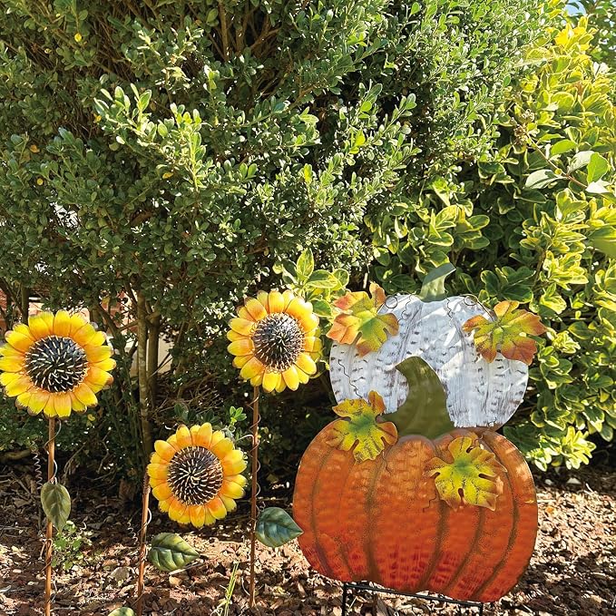 Set of 2 Metal Pumpkin Yard Stakes Fall Harvest Garden Lawn Yard Porch Outdoors Welcome Decorations, Autumn Halloween Thanksgiving Decorative Pumpkins Outdoor Décor