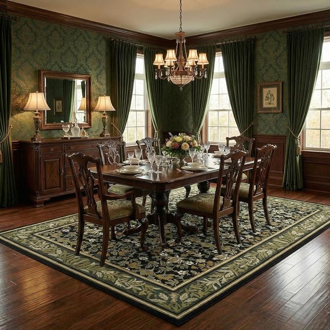 GarveeHome 9x12 Area Rugs for Living Room: Washable Bedroom Rug Green Black | Boho Vintage Non Slip Soft Low Pile Stain Resistant Indoor Carpet for Farmhouse Dining Room Nursery Home Office