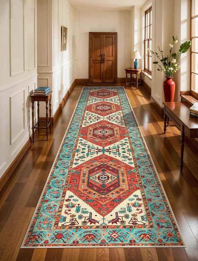 SERISSA 3x12 Washable Non Slip Boho Runner Rug for Hallway，Orange | Ultra Soft Vintage Oriental Carpet Low-Pile Tribal Floor Carpet for Stair Kitchen Bedroom Bathroom Laundry Room