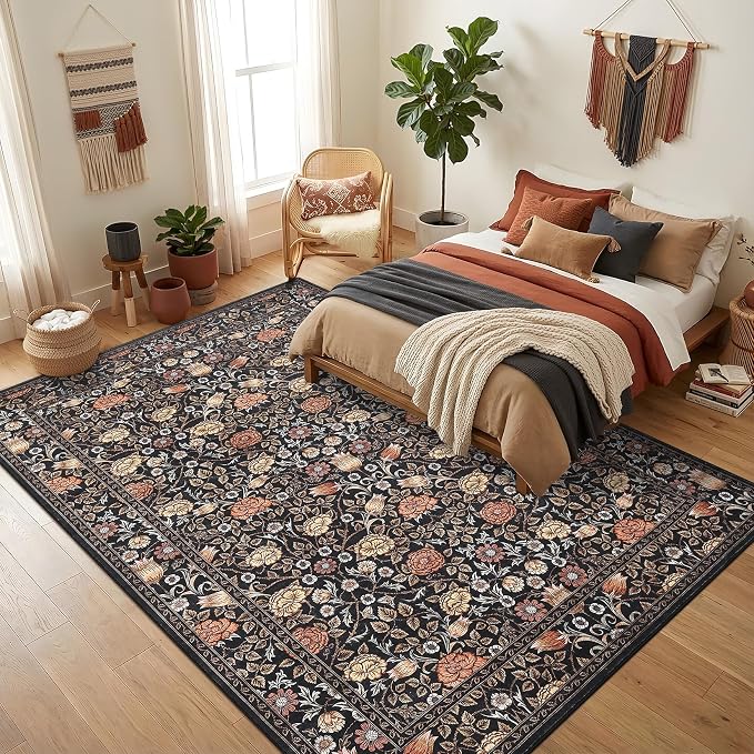 GarveeHome Dark Brown Floral 9x12 Area Rugs for Living Room Bedroom | Large Washable Dinning Room Dorm Office Rug Vintage Boho Rugs Low-Pile Non-Slip Stain Resistant TPE Backing