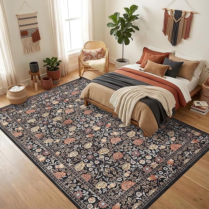 GarveeHome Dark Brown Floral 8x10 Area Rugs for Living Room Bedroom | Large Washable Dinning Room Dorm Office Rug Vintage Boho Rugs Low-Pile Non-Slip Stain Resistant TPE Backing