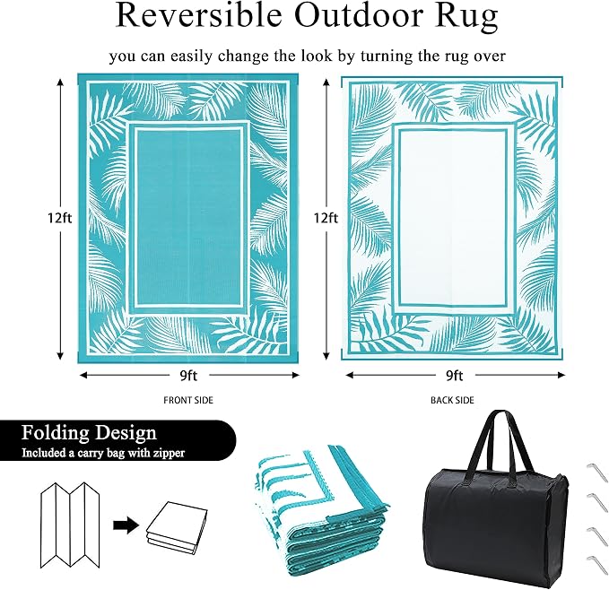 Bsmathom Waterproof Outdoor Rug 9x12ft Large Reversible Boho Plastic Straw Patio Deck Camping Rugs, Indoor Outdoor Portable RV Mat Carpet for Outside, Porch, Balcony, Backyard, Beach, Pool,Teal