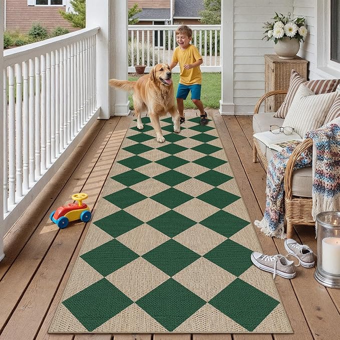 PureCozy 2x8 Checkered Easy Jute Runner Rug Non Slip Hallway Kitchen Washable Outdoor Rug for Entryway Indoor Checkerboard Green Long Indoor Outdoor Carpet for Bedside Entry Front Door Porch