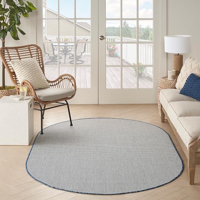 Nourison Home Courtyard Ivory Blue 5' x 8' Oval Area Rug - Easy Clean, Non Shedding, Bed Room, Living Room, Dining Room, Kitchen (5' x 8' Oval)