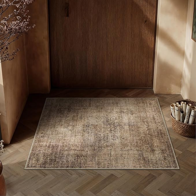 2x3 Brown Vintage Area Rug | Washable, Non Slip, Soft Low Pile, Neutral Farmhouse, for Entryway Kitchen Bathroom Living Room Bedroom Indoor Home Decor
