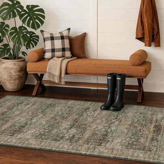 Washable 2x6 Kitchen Runner Rug for Hallway, Entryway & Bathroom, Moss Green Vintage Distressed Geometric Runner Carpet, Low Pile Slip-Resistant, Easy to Clean, Stain Resistant