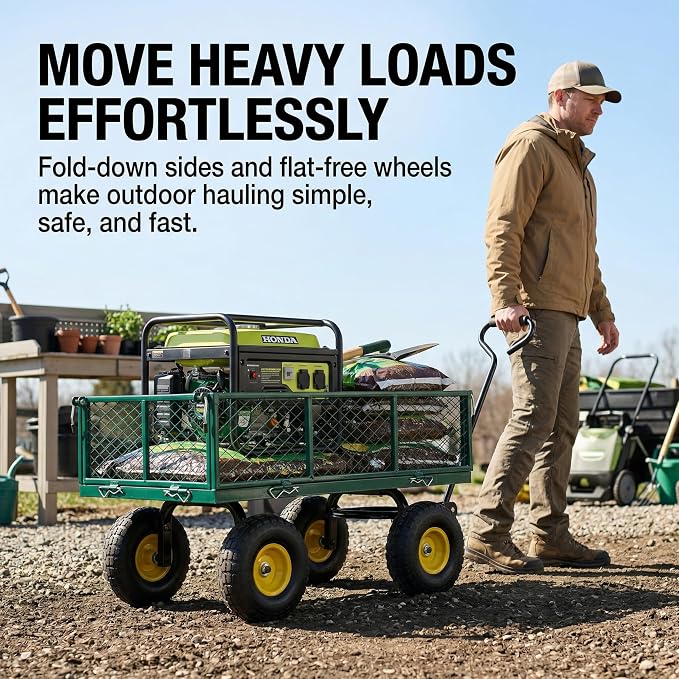Finnhomy Heavy Duty 1000 Lbs Capacity Mesh Steel Garden Cart, Pullable Garden Wagons Carts on Wheels, Folding Utility Wagon with Removable Sides for Outdoor, Yard, Lawn, Green