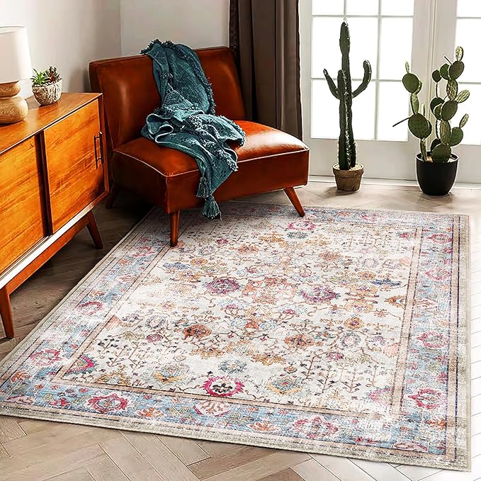CHAMPLANT Washable Area Rug 8'x10' Vintage Traditional Mat Distressed Indoor Foldable Accent Thin Rug Retro Floral Non Slip Carpet Living Room Dining Room Office