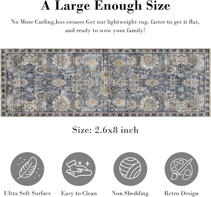 Washable Area Rugs - Perfect for Living Room, Bedroom, Kids Room, Nursery - Stain & Water Resistant Non-Slip, Pet & Child Friendly, Vintage Tribal Area Rugs (Navy, 2'6'' x 8')