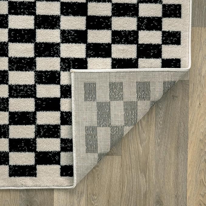 Rugshop Contemporary Checkered Grid Contrast Area Rug Soft Black 5' x 7' | Rectangular, Size 5' x 7', Living Room, Bedroom, Dining Room, Home Office, Kitchen, Entryway, Hallway, Nursery, Kids Room