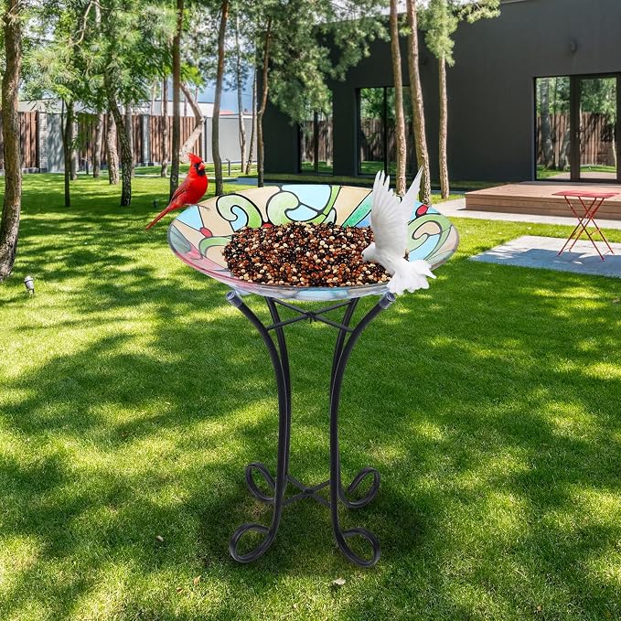 MUMTOP Bird Bath-Bird Baths for Outdoors - Hummingbird Large Bird Bath Bowl with Metal Stand, Glass BirdBaths for the Garden Lawn Yard Decor