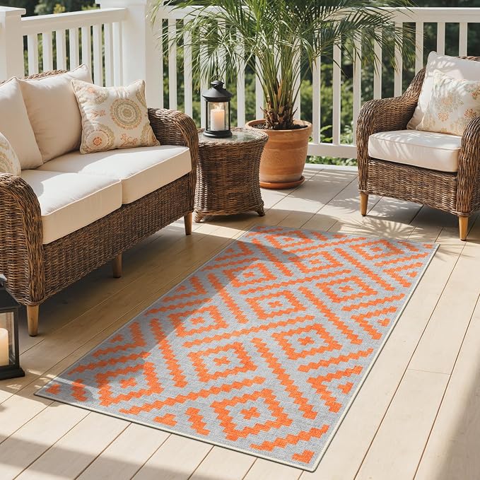 GENIMO Outdoor Rug for Patio Clearance, 3'x5' Indoor Area Rug, Waterproof Reversible Fall Doormat, Outside Camping Carpet for Porch, Living Room, Balcony, Deck, Bedroom, Picnic, Grey Orange