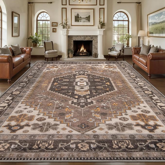Ciicool Large 9x12 Area Rugs for Living Room,Washable Boho Throw Carpet | Oriental Low-Pile Hazel Vintage Non-Slip Indoor Mat for Kitchen Bedroom Bedside Laundry Bathroom Dining Room Foyer Decor