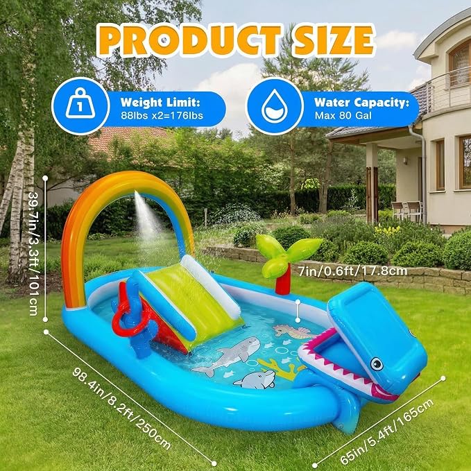 Inflatable Kiddie Pool with Slide, Water Sprayer, Waterfall, 98 × 64 × 39in Kids Play Center Water Park for Summer Outdoor Splash, Backyard and Garden (Rainbow Without Blower)